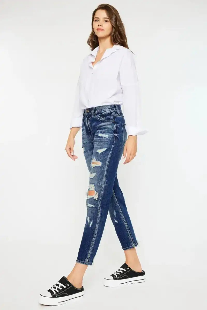 Kancan High Rise Distressed Mom Fit Jeans - Sleekdenim.com