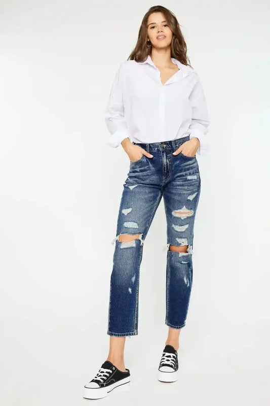 Kancan High Rise Distressed Mom Fit Jeans - Sleekdenim.com
