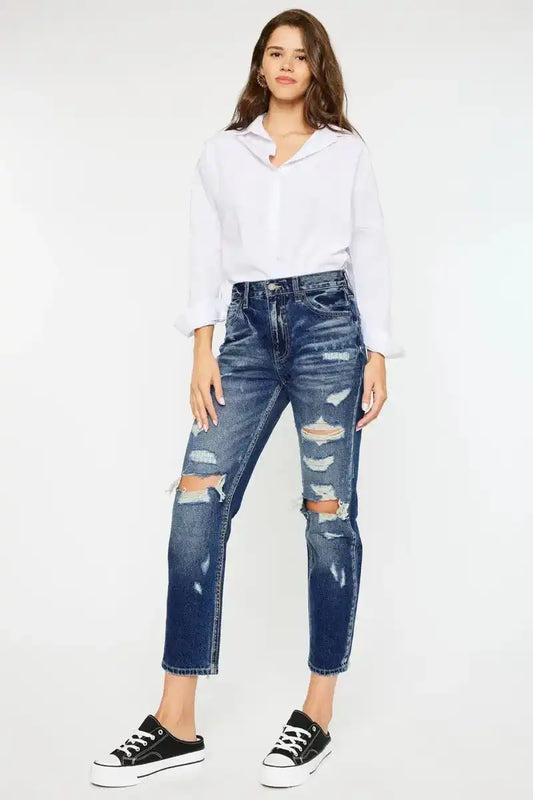 Kancan High Rise Distressed Mom Fit Jeans - Sleekdenim.com