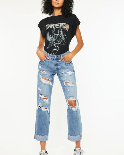 Kancan Mid Rise Distressed Boyfriend Fit Jeans - Sleekdenim.com
