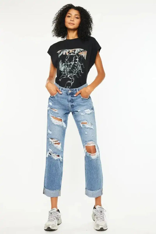 Kancan Mid Rise Distressed Boyfriend Fit Jeans - Sleekdenim.com