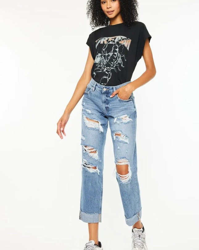 Kancan Mid Rise Distressed Boyfriend Fit Jeans - Sleekdenim.com
