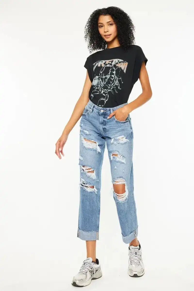 Kancan Mid Rise Distressed Boyfriend Fit Jeans - Sleekdenim.com