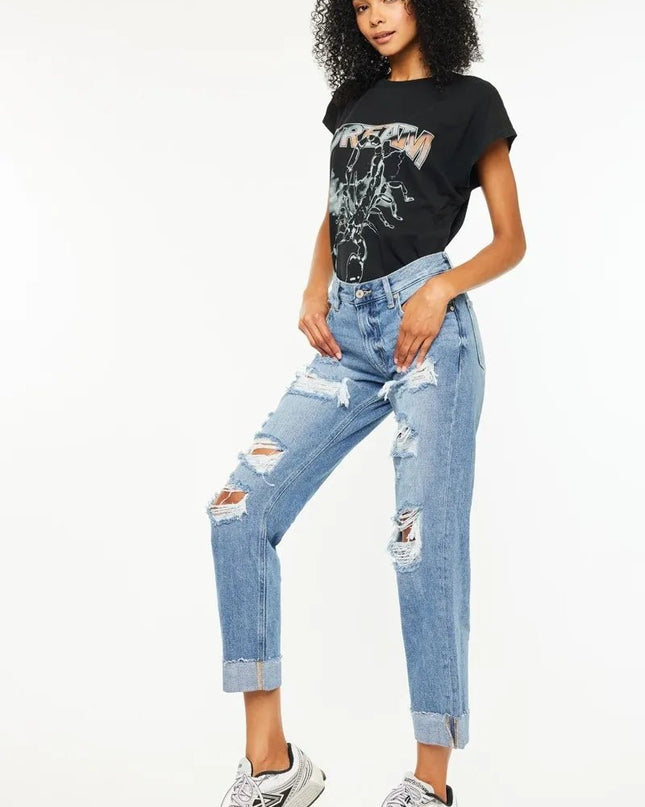 Kancan Mid Rise Distressed Boyfriend Fit Jeans - Sleekdenim.com