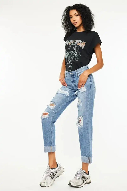 Kancan Mid Rise Distressed Boyfriend Fit Jeans - Sleekdenim.com