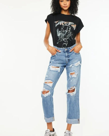 Kancan Mid Rise Distressed Boyfriend Fit Jeans - Sleekdenim.com