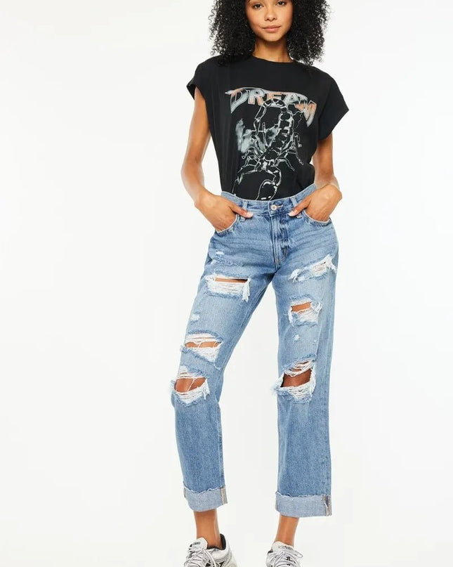 Kancan Mid Rise Distressed Boyfriend Fit Jeans - Sleekdenim.com