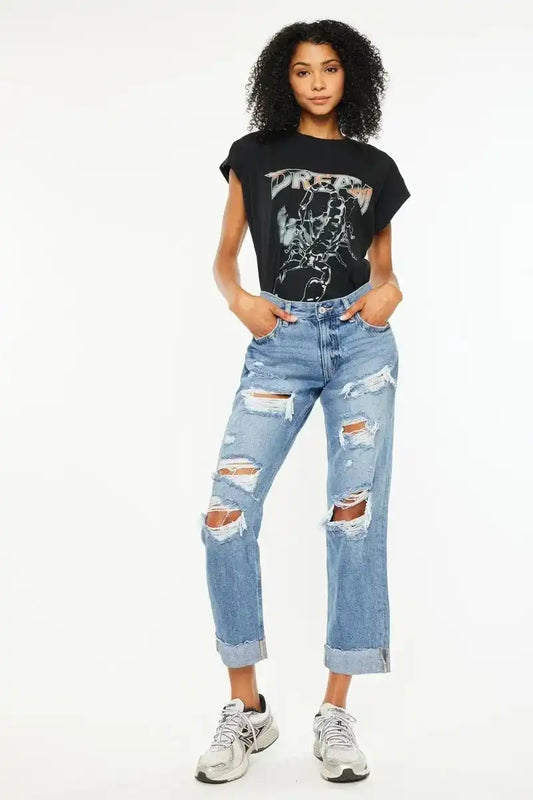 Kancan Mid Rise Distressed Boyfriend Fit Jeans - Sleekdenim.com