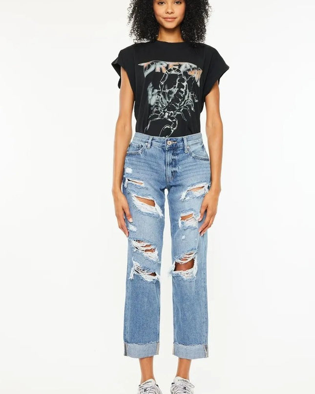 Kancan Mid Rise Distressed Boyfriend Fit Jeans - Sleekdenim.com