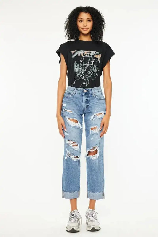 Kancan Mid Rise Distressed Boyfriend Fit Jeans - Sleekdenim.com