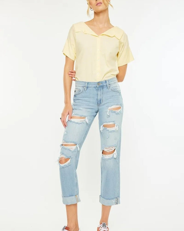 Kancan Mid Rise Distressed Boyfriend Jeans - Sleekdenim.com