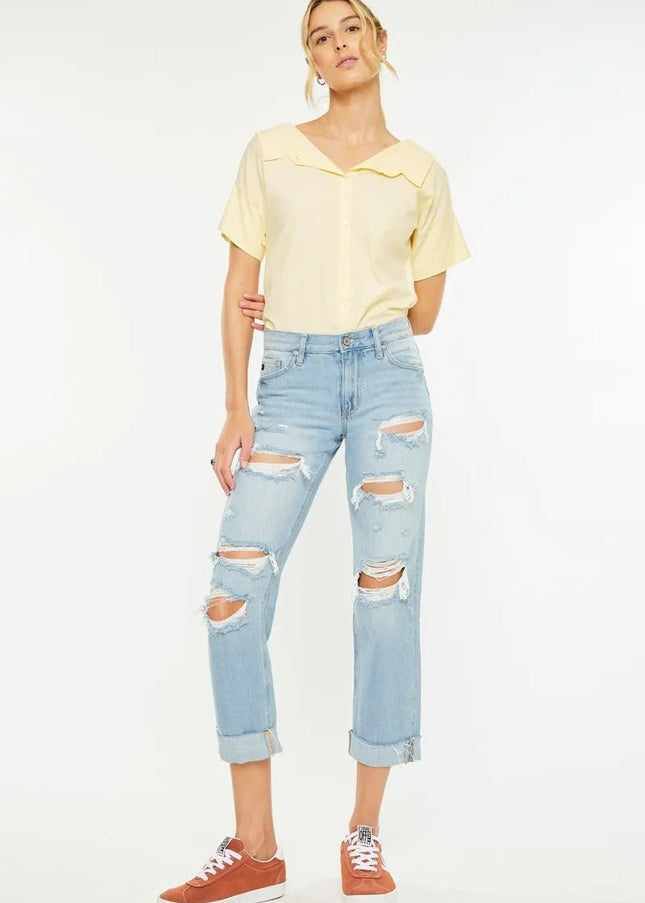 Kancan Mid Rise Distressed Boyfriend Jeans - Sleekdenim.com