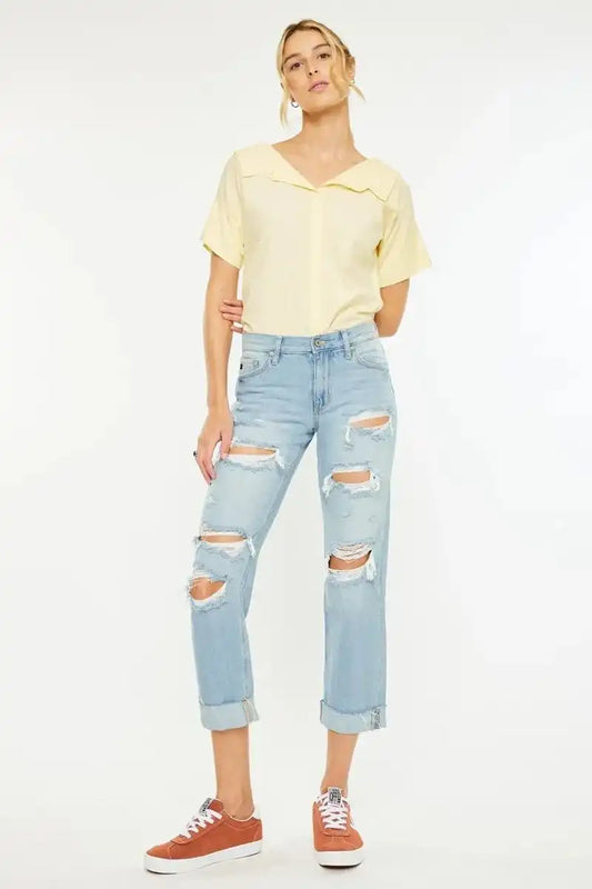 Kancan Mid Rise Distressed Boyfriend Jeans - Sleekdenim.com