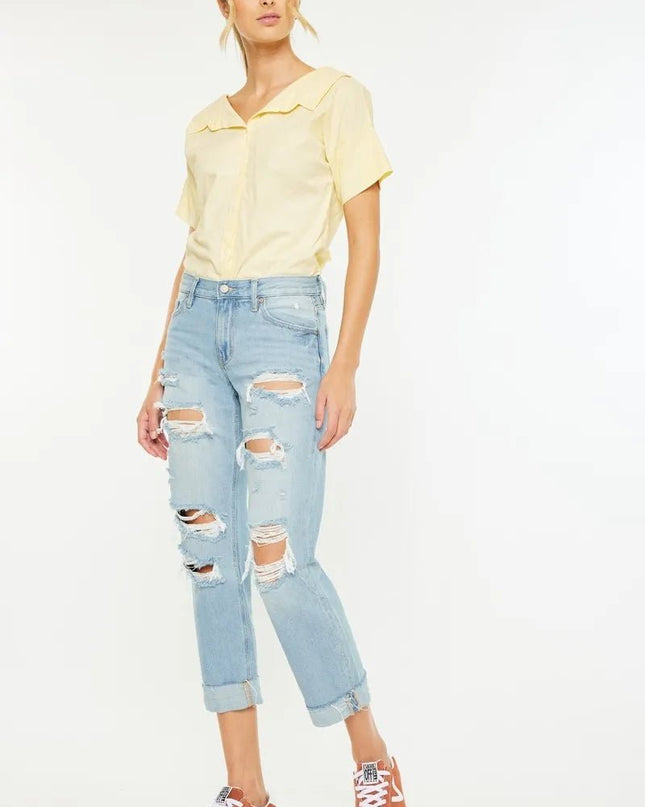 Kancan Mid Rise Distressed Boyfriend Jeans - Sleekdenim.com