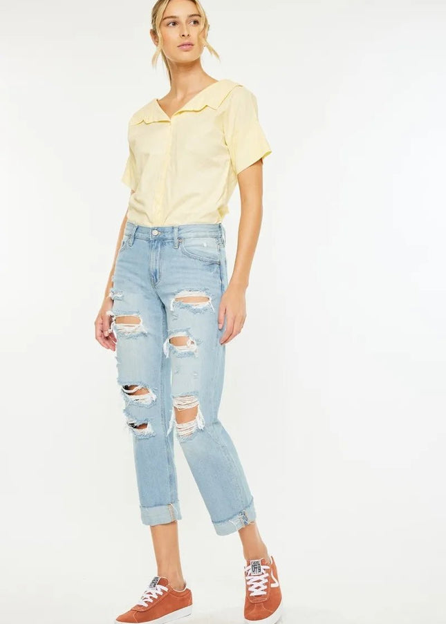 Kancan Mid Rise Distressed Boyfriend Jeans - Sleekdenim.com