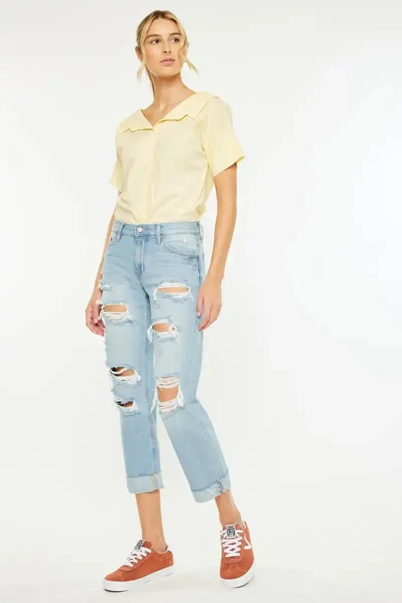 Kancan Mid Rise Distressed Boyfriend Jeans - Sleekdenim.com