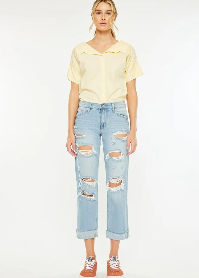 Kancan Mid Rise Distressed Boyfriend Jeans - Sleekdenim.com