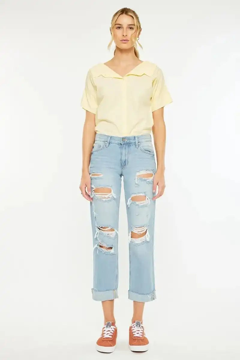 Kancan Mid Rise Distressed Boyfriend Jeans - Sleekdenim.com