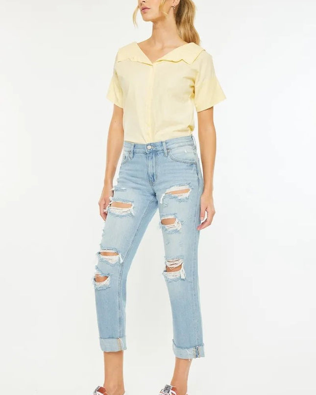 Kancan Mid Rise Distressed Boyfriend Jeans - Sleekdenim.com
