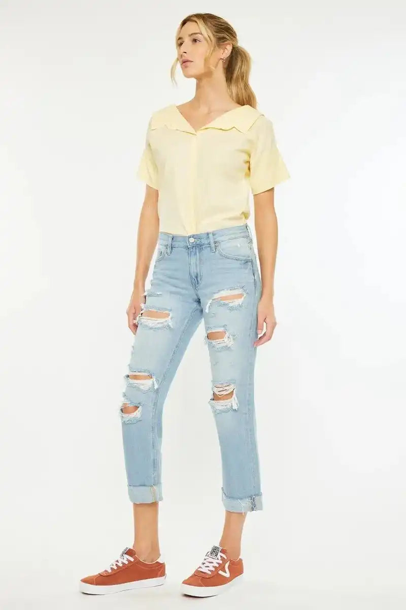Kancan Mid Rise Distressed Boyfriend Jeans - Sleekdenim.com