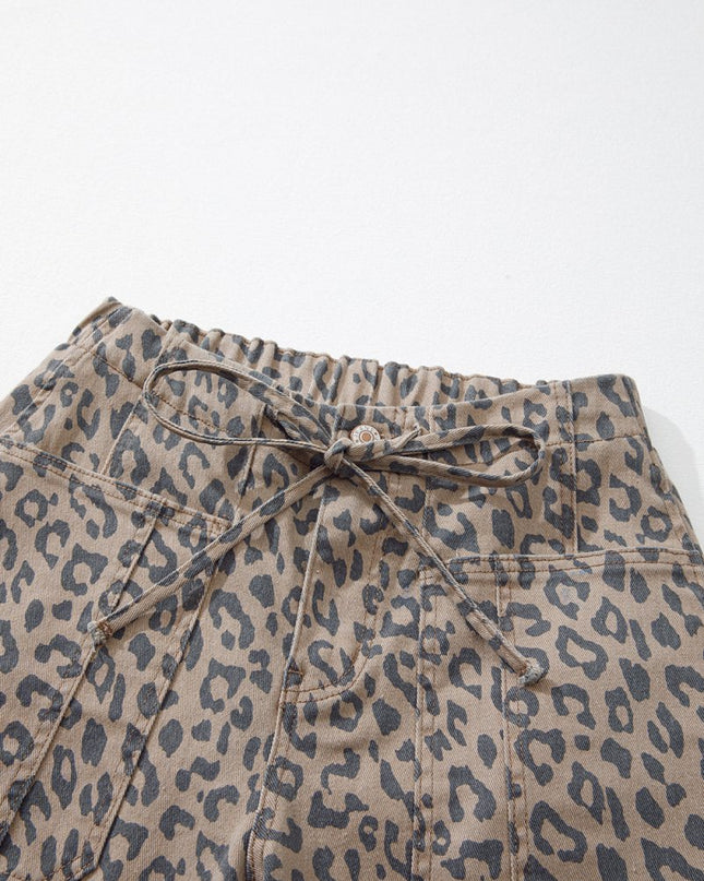 Khaki Leopard Print Drawstring Waist Pocketed Wide Leg Jeans - Sleekdenim.com