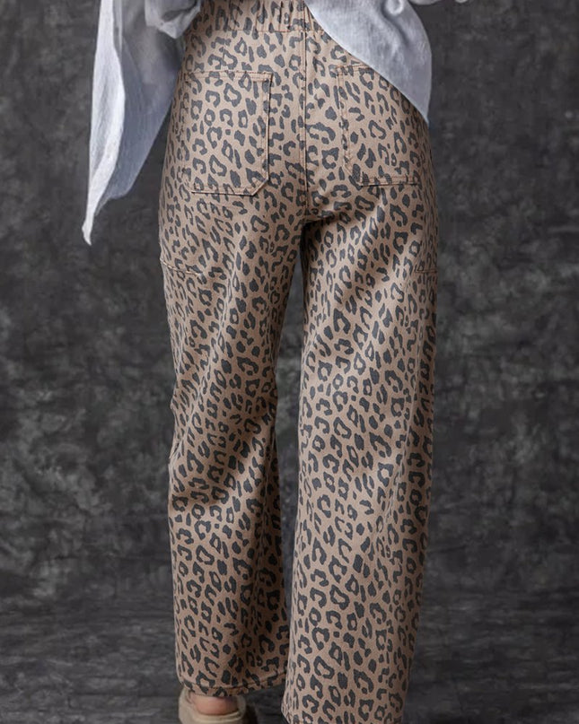 Khaki Leopard Print Drawstring Waist Pocketed Wide Leg Jeans - Sleekdenim.com