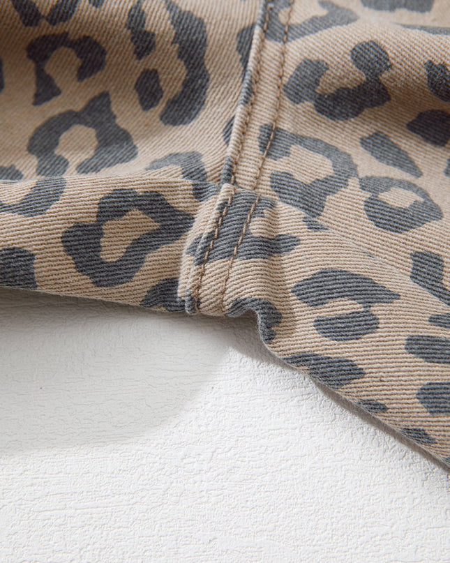 Khaki Leopard Print Drawstring Waist Pocketed Wide Leg Jeans - Sleekdenim.com