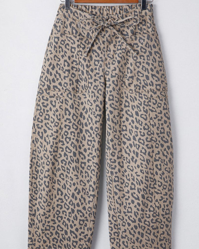 Khaki Leopard Print Drawstring Waist Pocketed Wide Leg Jeans - Sleekdenim.com