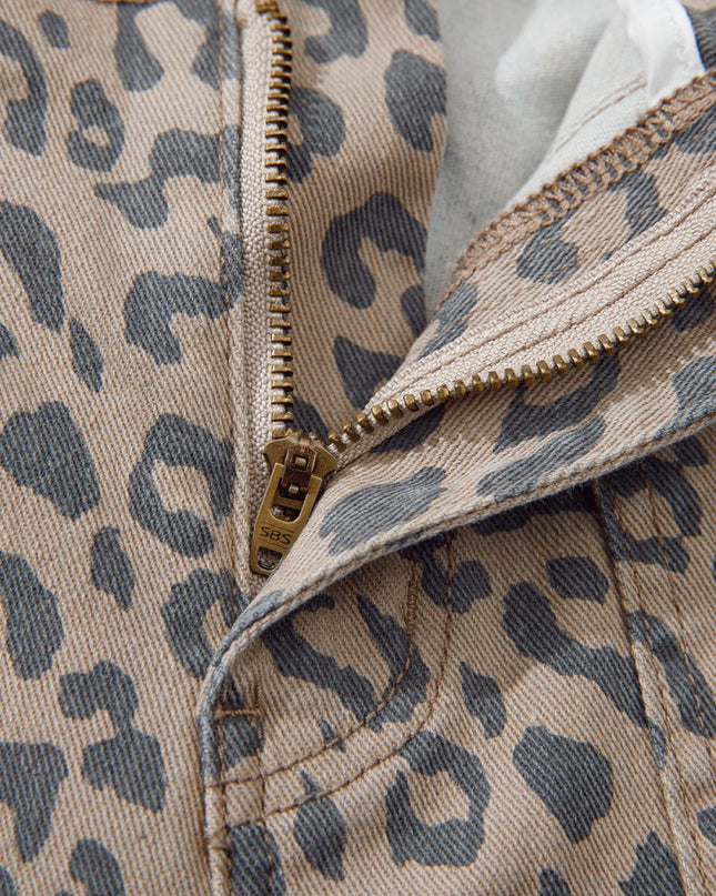 Khaki Leopard Print Drawstring Waist Pocketed Wide Leg Jeans - Sleekdenim.com