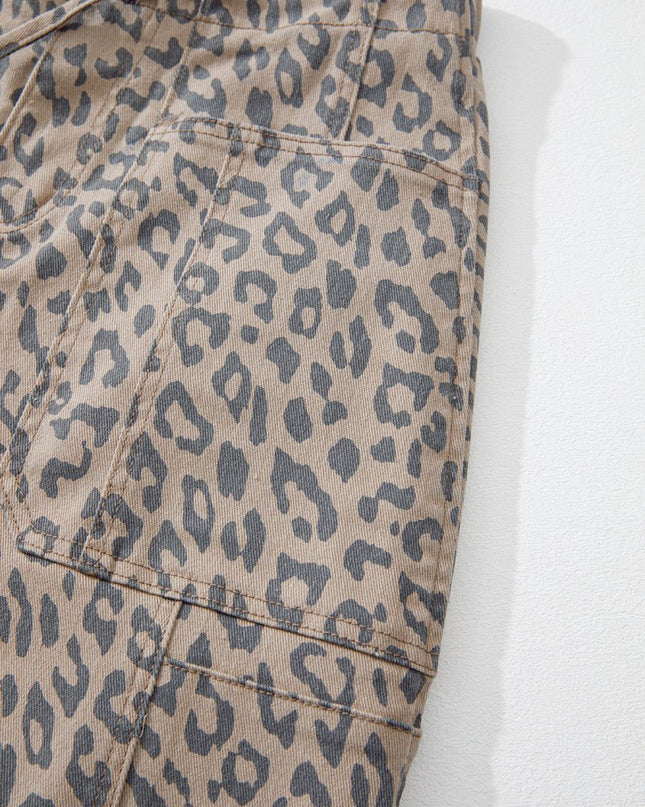 Khaki Leopard Print Drawstring Waist Pocketed Wide Leg Jeans - Sleekdenim.com