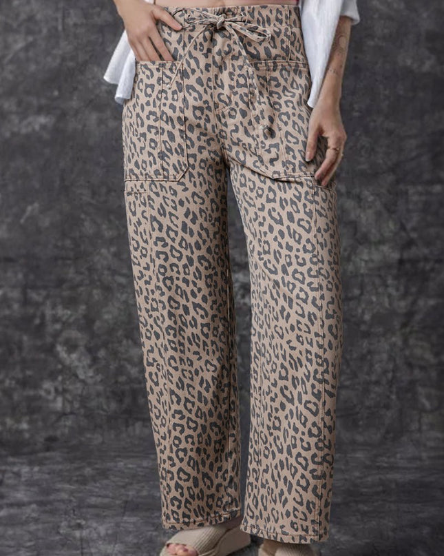 Khaki Leopard Print Drawstring Waist Pocketed Wide Leg Jeans - Sleekdenim.com