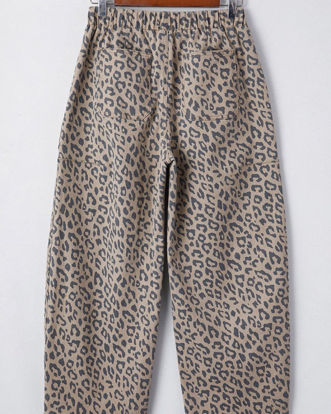 Khaki Leopard Print Drawstring Waist Pocketed Wide Leg Jeans - Sleekdenim.com