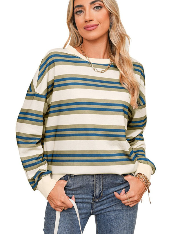 Khaki Striped Crew Neck Drop Shoulder Pullover Sweatshirt - Sleekdenim.com