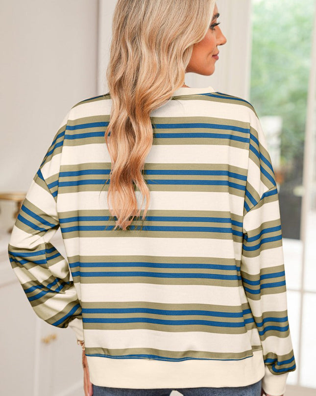 Khaki Striped Crew Neck Drop Shoulder Pullover Sweatshirt - Sleekdenim.com