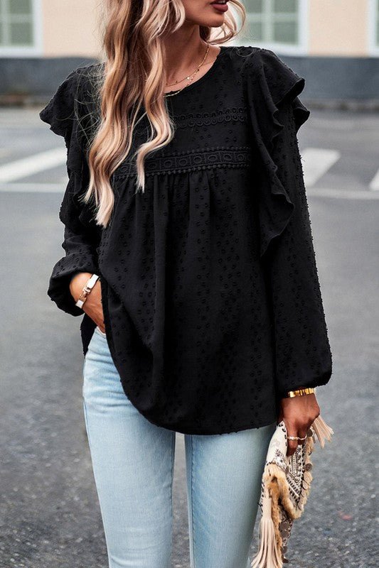 Lace Eyelet Ruffle Shoulder Long Sleeve Blouse - Sleekdenim.com