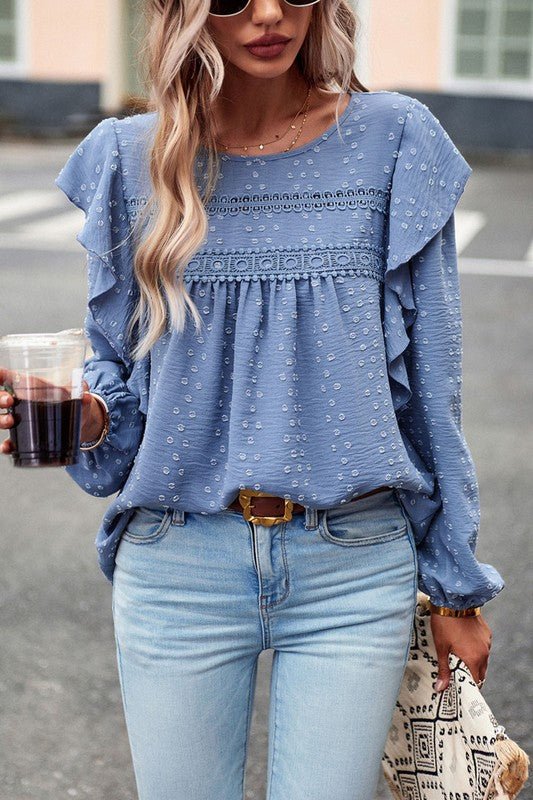 Lace Eyelet Ruffle Shoulder Long Sleeve Blouse - Sleekdenim.com