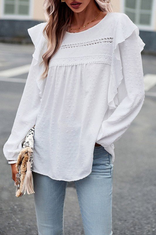 Lace Eyelet Ruffle Shoulder Long Sleeve Blouse - Sleekdenim.com