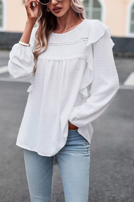 Lace Eyelet Ruffle Shoulder Long Sleeve Blouse - Sleekdenim.com