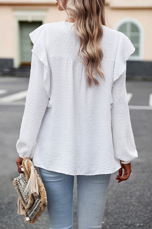 Lace Eyelet Ruffle Shoulder Long Sleeve Blouse - Sleekdenim.com