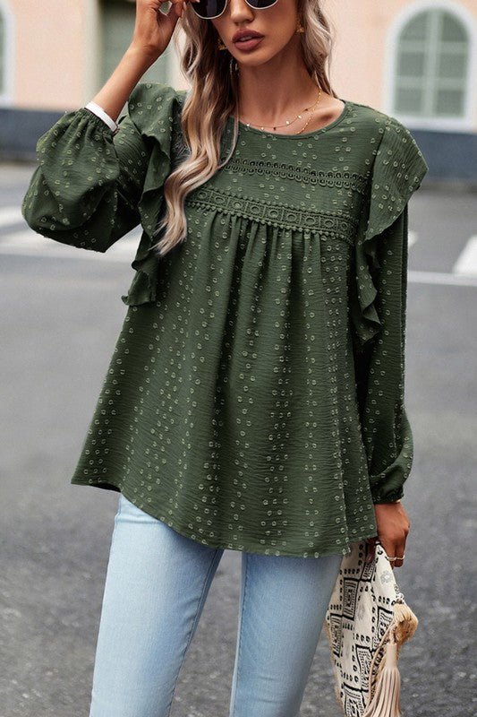 Lace Eyelet Ruffle Shoulder Long Sleeve Blouse - Sleekdenim.com