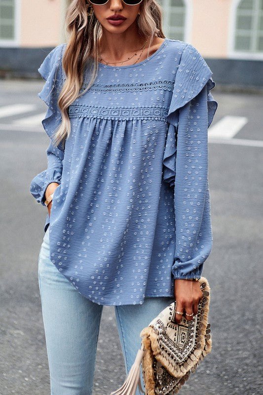 Lace Eyelet Ruffle Shoulder Long Sleeve Blouse - Sleekdenim.com