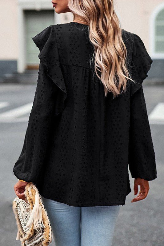 Lace Eyelet Ruffle Shoulder Long Sleeve Blouse - Sleekdenim.com