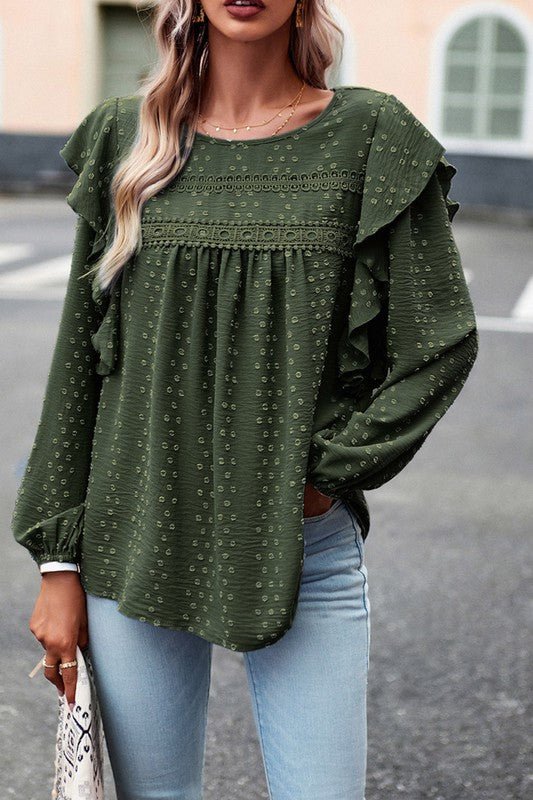 Lace Eyelet Ruffle Shoulder Long Sleeve Blouse - Sleekdenim.com