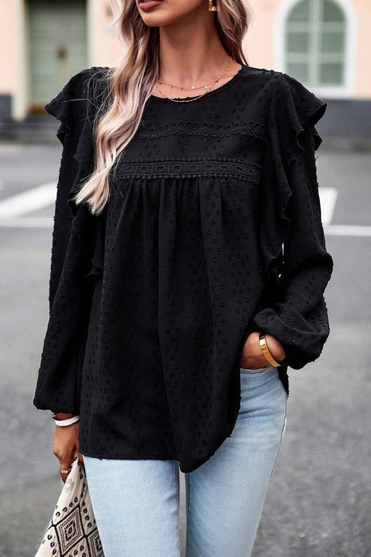Lace Eyelet Ruffle Shoulder Long Sleeve Blouse - Sleekdenim.com