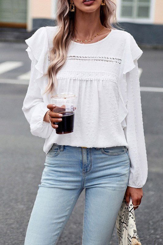 Lace Eyelet Ruffle Shoulder Long Sleeve Blouse - Sleekdenim.com