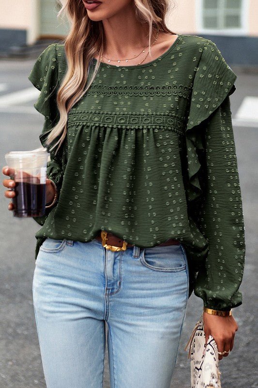 Lace Eyelet Ruffle Shoulder Long Sleeve Blouse - Sleekdenim.com