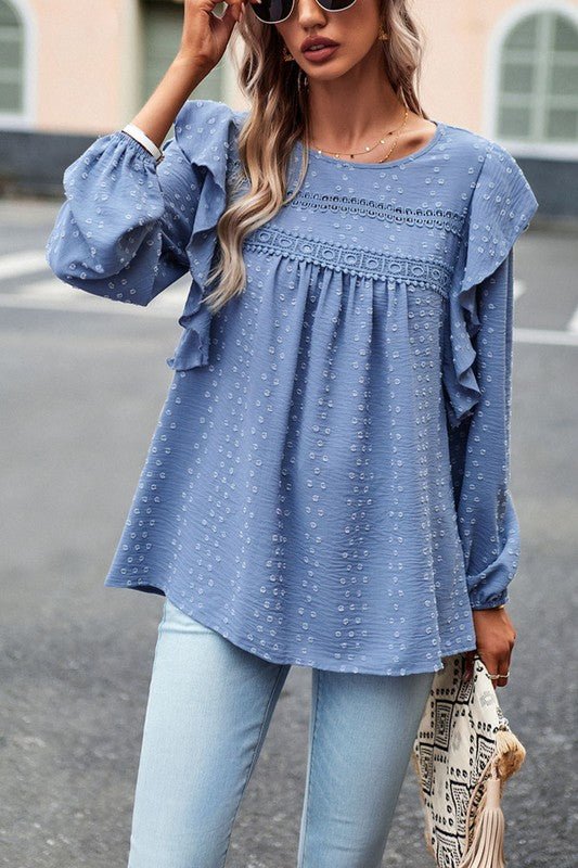 Lace Eyelet Ruffle Shoulder Long Sleeve Blouse - Sleekdenim.com