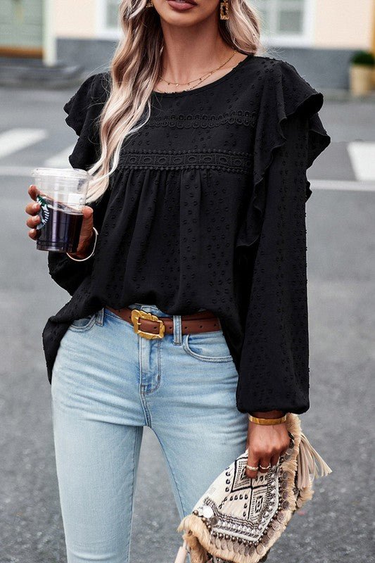 Lace Eyelet Ruffle Shoulder Long Sleeve Blouse - Sleekdenim.com