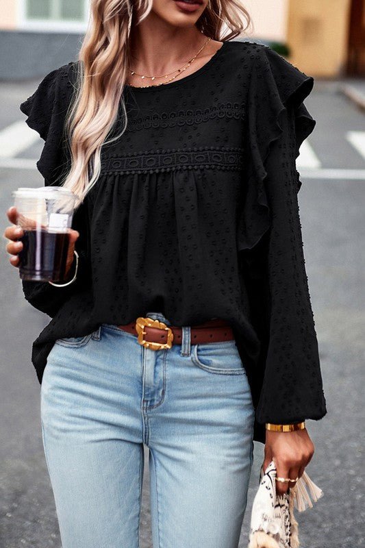 Lace Eyelet Ruffle Shoulder Long Sleeve Blouse - Sleekdenim.com