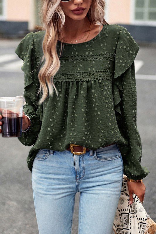 Lace Eyelet Ruffle Shoulder Long Sleeve Blouse - Sleekdenim.com